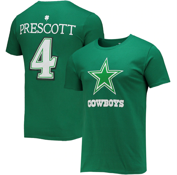 Men's Dallas Cowboys #4 Dak Prescott Green St. Patrick's Day Icon Player T-Shirt Men's Dallas Cowboys #4 Dak Prescott Green St. Patrick's Day Icon Player T-Shirt